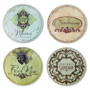 Set of 4 Grape Vineyard Design Tempered Glass Coasters - Merlot, Chardonnay, etc
